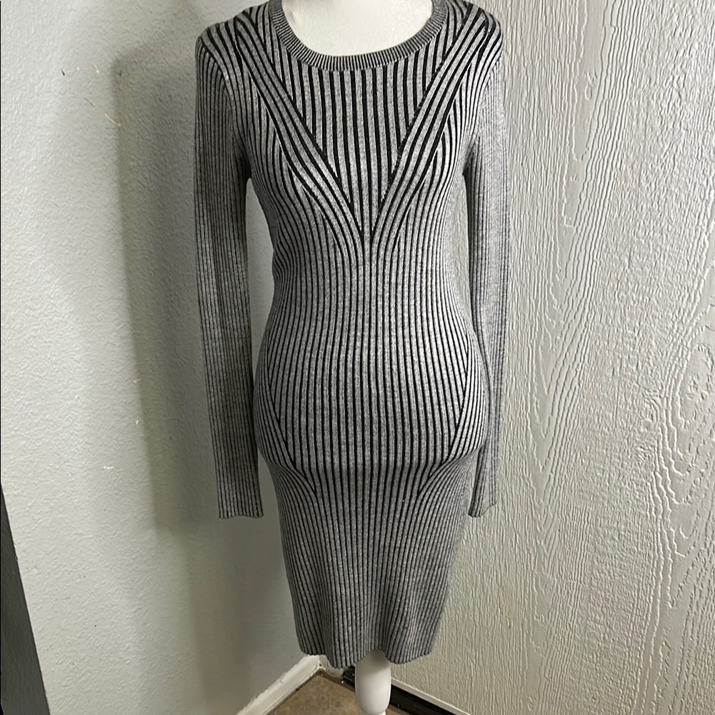 Express Black And Gray Striped Long Sleeve Dress
